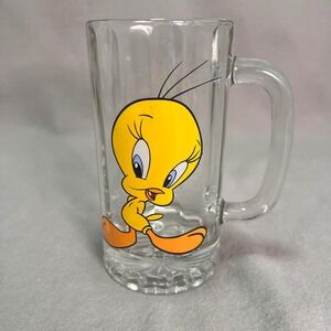 Vintage 1998 Tweety Bird Glass Mug Stein WB Heavy‎ Clear Retro 90s Kid Nostalgia